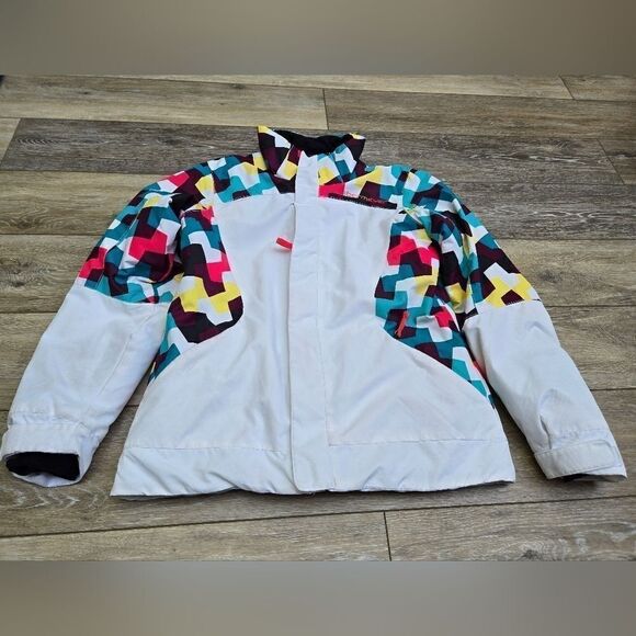 Obermeyer  girls size large ski jacket white with colorful geometric shapes - Picture 1 of 15